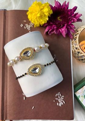 Set Of 2 Stone Studded Bhai Bhabhi Mangalsutra Bracelet Rakhi Set
