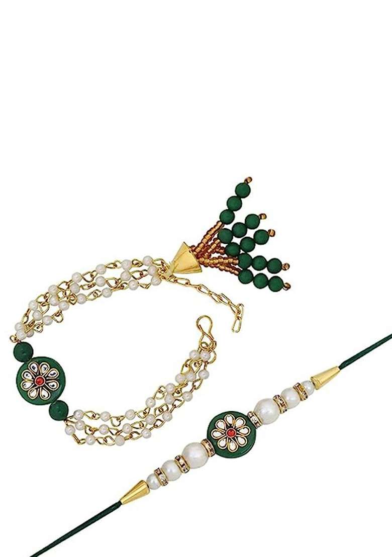 Set Of 2 Bhaiya Bhabhi Stone Studded And Beaded Lumba Rakhi - Indya