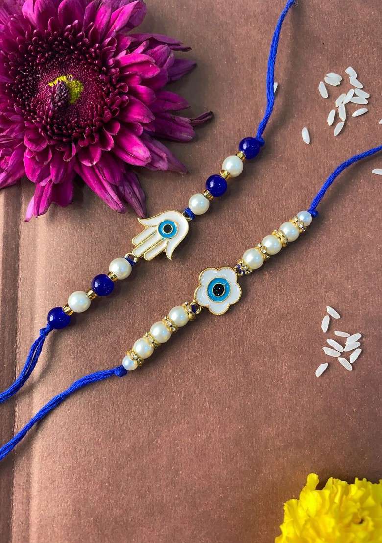 Set Of 2 Evil Eye Charm Beaded Rakhi With Roli Chawal - Indya