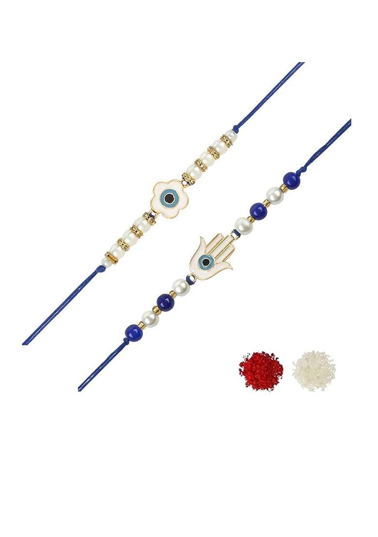 Set Of 2 Evil Eye Charm Beaded Rakhi With Roli Chawal - Indya