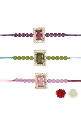 Set Of 3 Kundan Studded And Beaded Rakhi