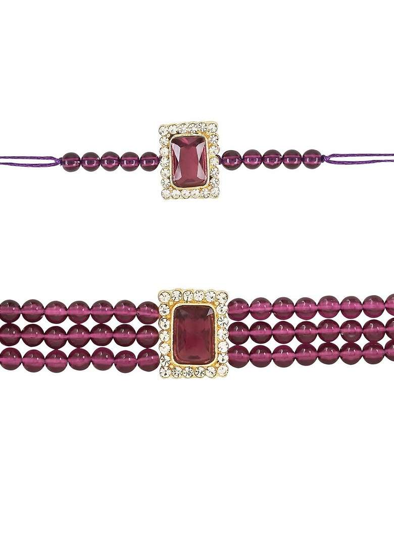 Set Of 2 Kundan Studded And Beaded Lumba And Rakhi With Roli Chawal And Greeting Card - Indya