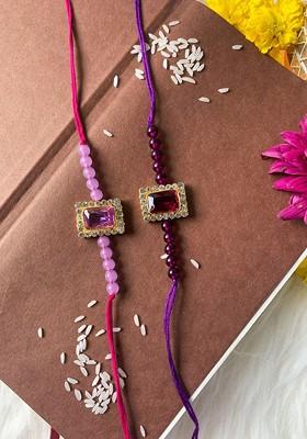 Men Set Of 2 Stone Studded And Beaded Rakhi With Roli Chawal And Greeting Card