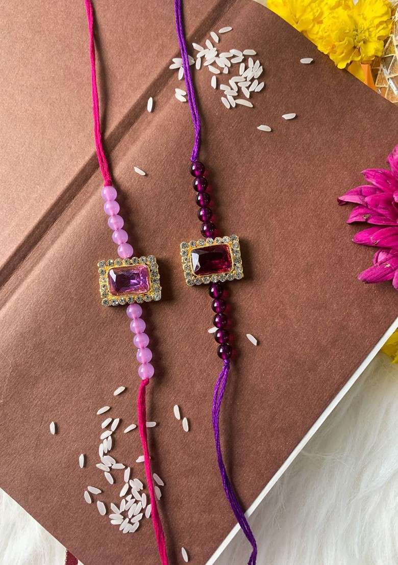 Men Set Of 2 Stone Studded And Beaded Rakhi With Roli Chawal And Greeting Card - Indya