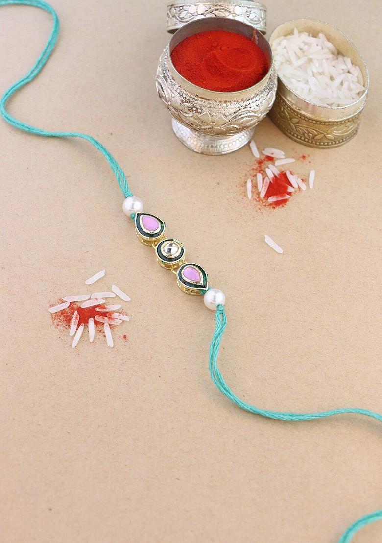 Men Kundan Studded Lumba Rakhi With Roli Chawal - Indya