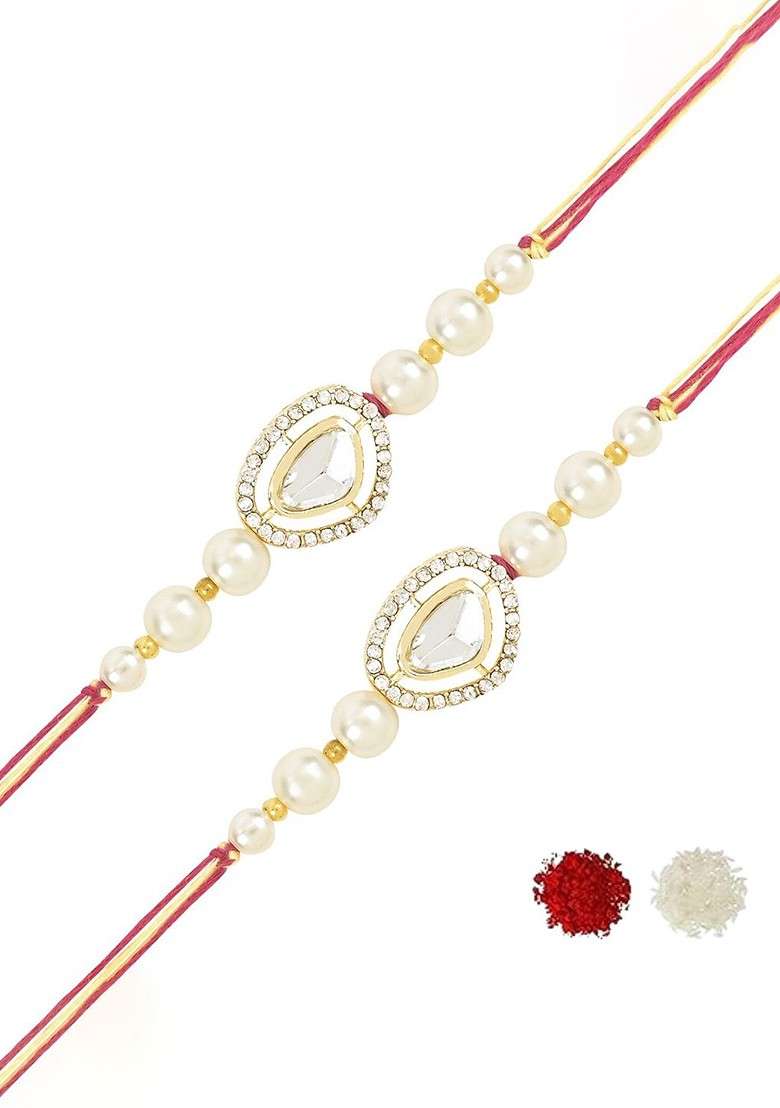 Men Set Of 2 Kundan Studded Rakhis With Roli Chawal - Indya
