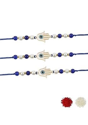 Set 3 Hamsa Shape Enamel Evil Eye Rakhi With Roli And Chawal