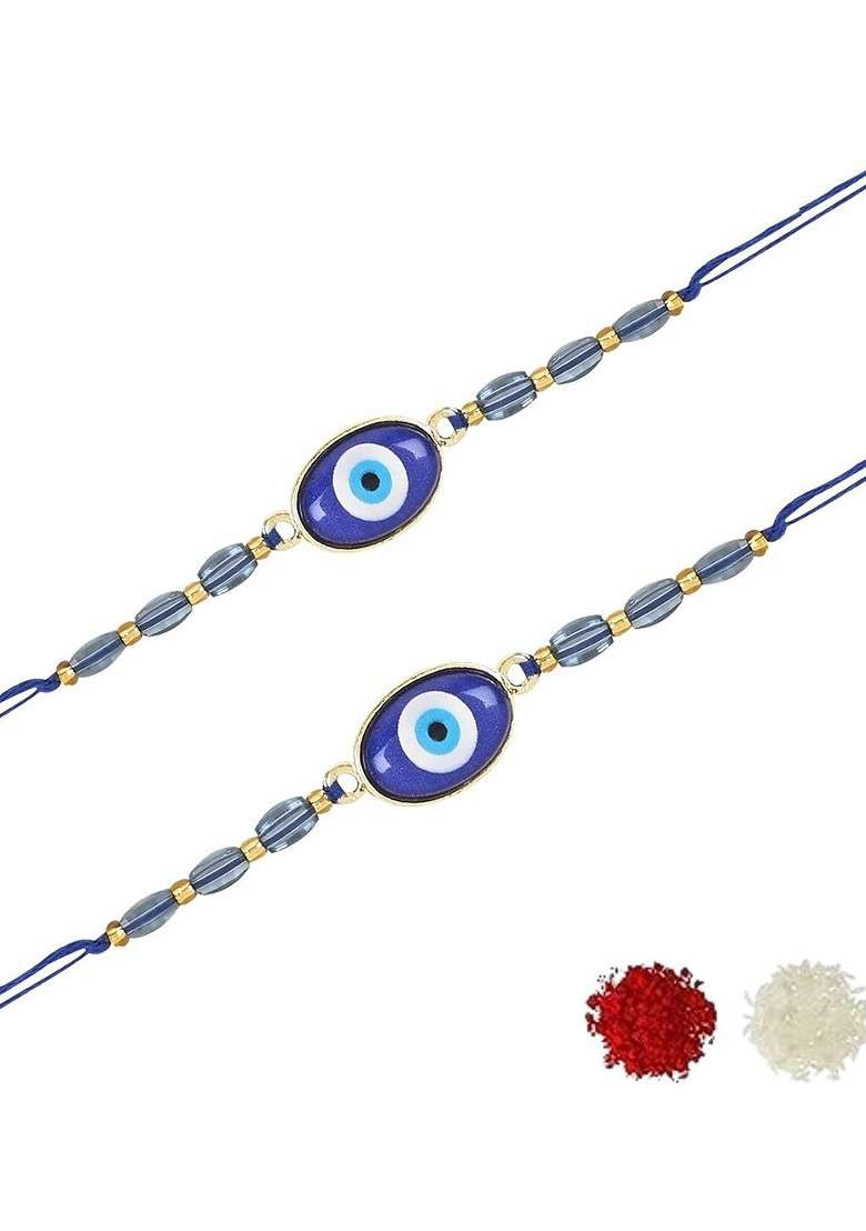 Men Set Of 2 Kundan Studded Evil Eye Charm Rakhi With Roli Chwal - Indya