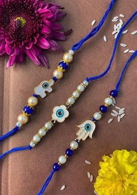 Men Set Of 3 Gold Plated Evil Eye Charm Rakhi With Roli Chwal