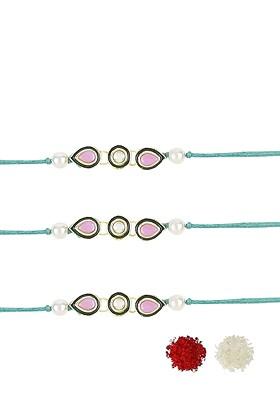 Set Of 3 Kundan Studded Rakhis With Roli Chawal