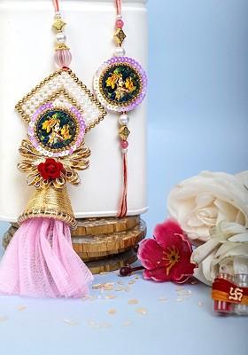 Unisex Set Of 2 Gold Plated Pearl Studded Thread Rakhi With Roli Chawal