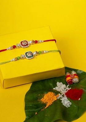 Men Set Of 2 Kundan Studded Thread Rakhis With Roli Chawal