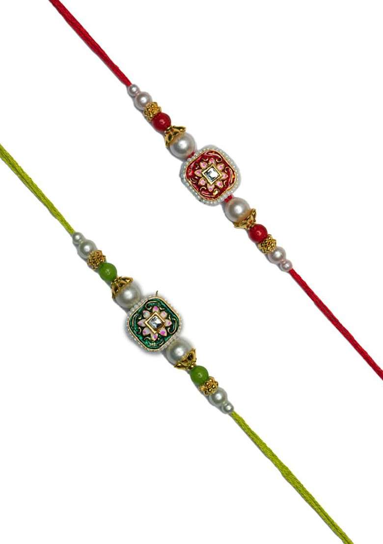 Men Set Of 2 Kundan Studded Thread Rakhis With Roli Chawal - Indya