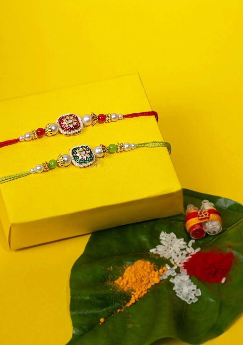 Men Set Of 2 Kundan Studded Thread Rakhis With Roli Chawal - Indya