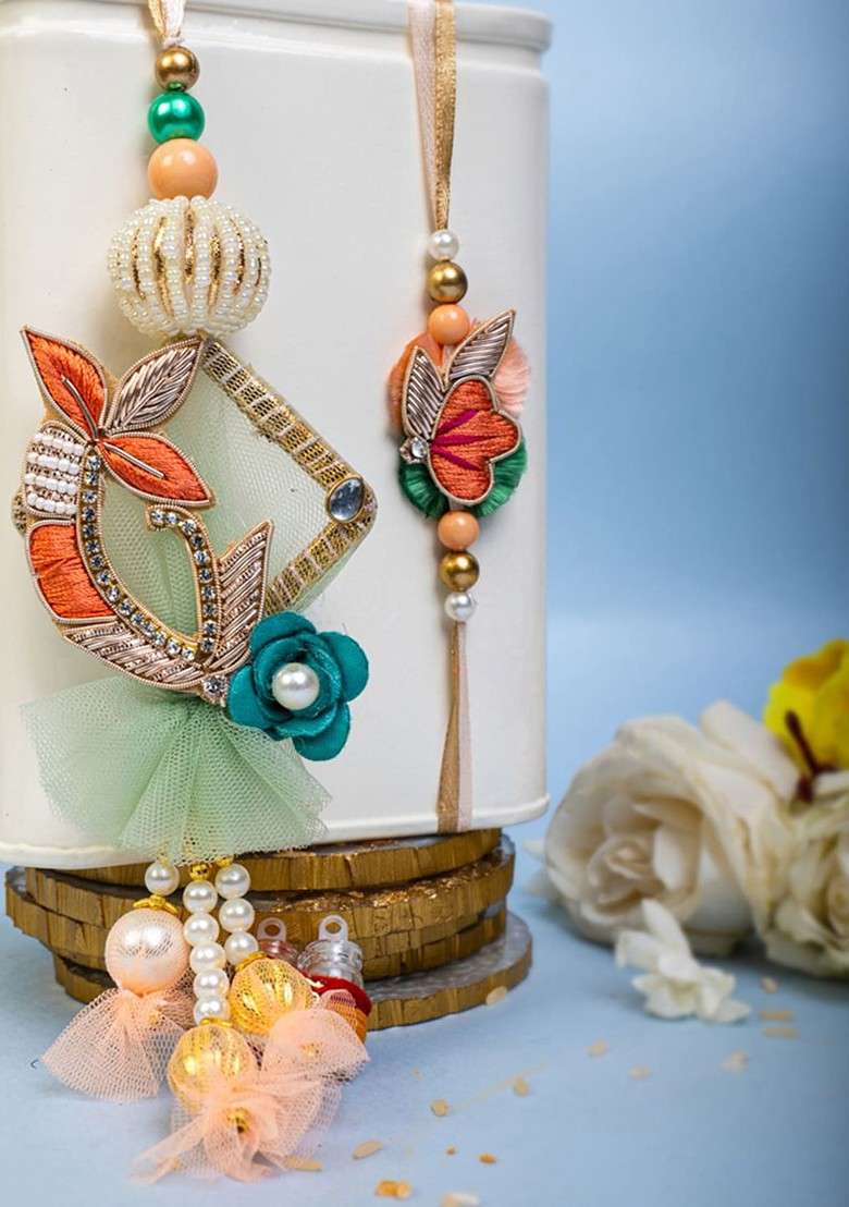 Unisex Set Of 2 Floral Shaped Rakhi With Roli Chawal - Indya