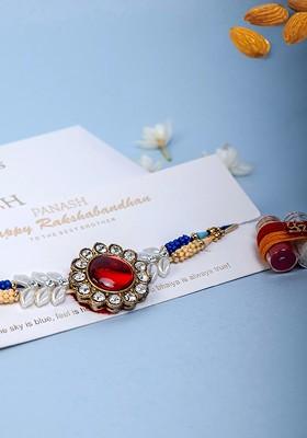 Men Gold Plated Circular Shaped Stone Studded Thread Rakhi With Roli Chawal