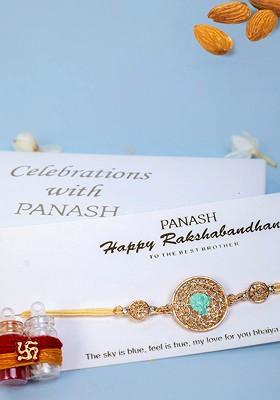 Men Gold Plated Circular Shaped Lord Ganesh Thread Rakhi With Roli Chawal