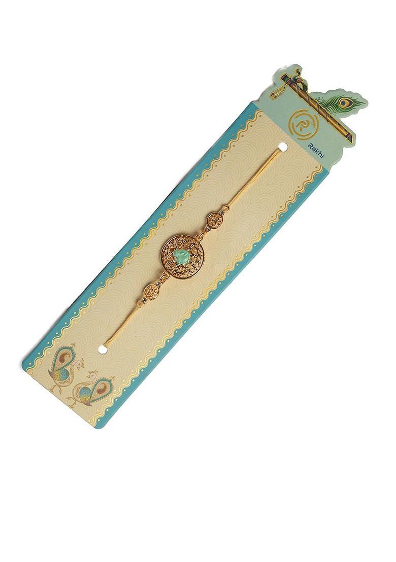 Men Gold Plated Circular Shaped Lord Ganesh Thread Rakhi With Roli Chawal - Indya