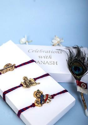 Unisex Set Of 3 Gold Plated Thread Rakhi With Mor Pankh Stick And Roli Chawal