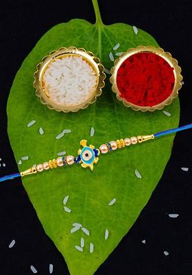 Unisex Evil Eye Rakhi With Roli Chawal And Greeting Card