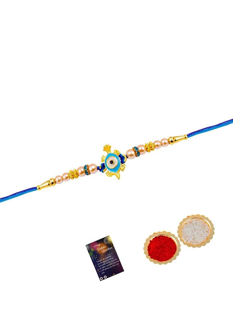 Unisex Evil Eye Rakhi With Roli Chawal And Greeting Card - Indya