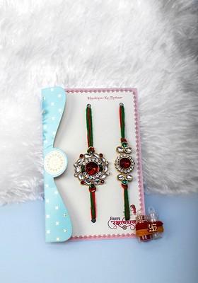 Set Of 2 Gold Plated Stone Studded Bhaiya Bhabhi Thread Rakhi With Roli Chawal