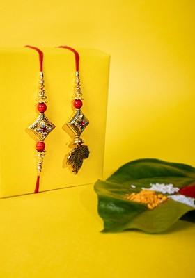 Set Of 2 Gold Plated Kundan Embellished Bhaiya Bhabhi Rakhis With Roli Chawal