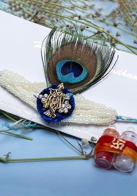 Gold Plated Krishna Peacock Feather Thread Rakhi With Roli Chawal