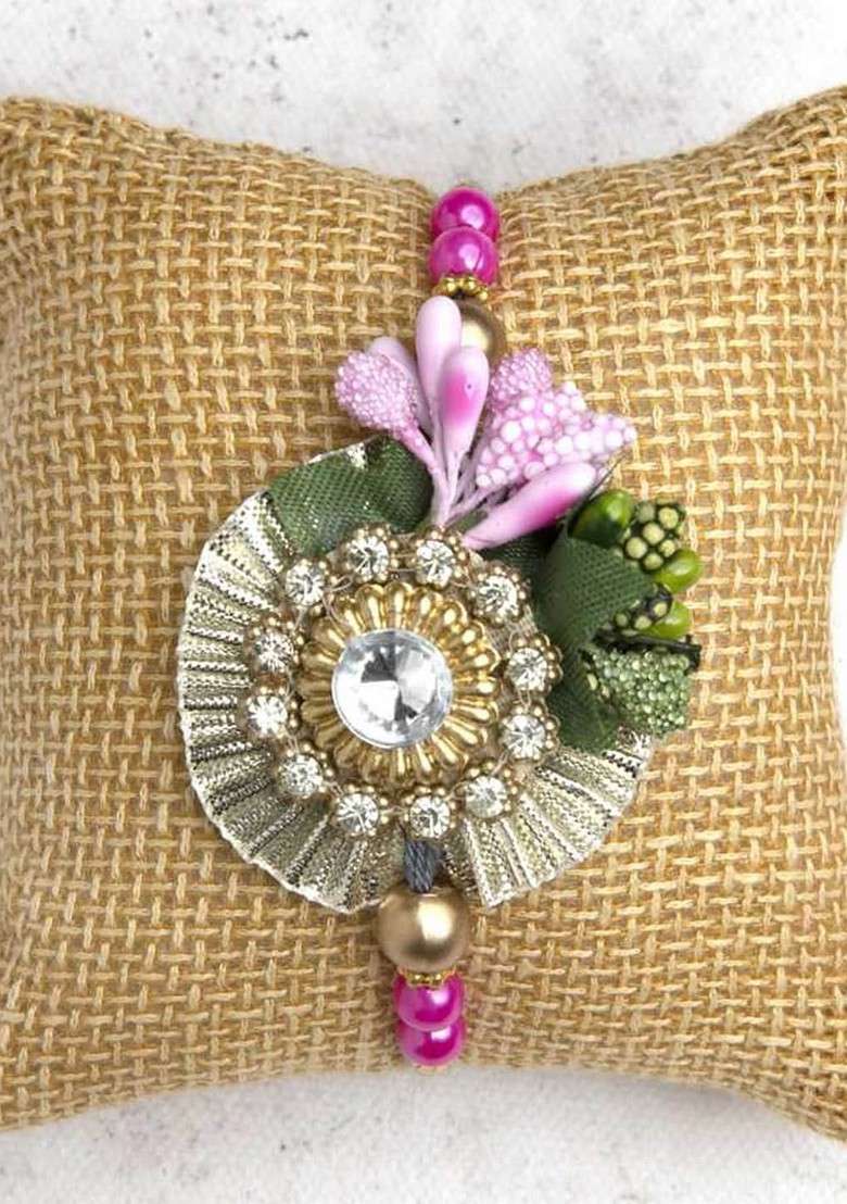 Unisex Set Of 2 Floral Bhaiya Bhabhi Thread Rakhi Set With Roli Chawal Pack - Indya