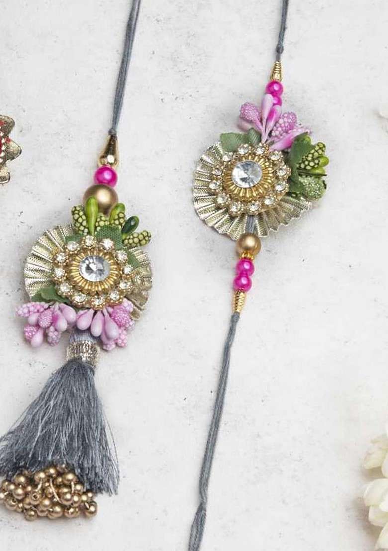 Unisex Set Of 2 Floral Bhaiya Bhabhi Thread Rakhi Set With Roli Chawal Pack - Indya