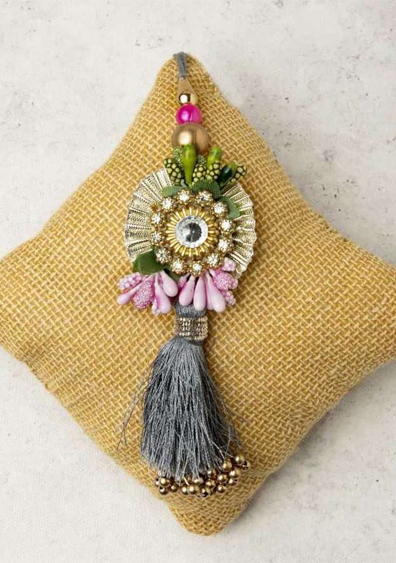 Unisex Set Of 2 Floral Bhaiya Bhabhi Thread Rakhi Set With Roli Chawal Pack - Indya