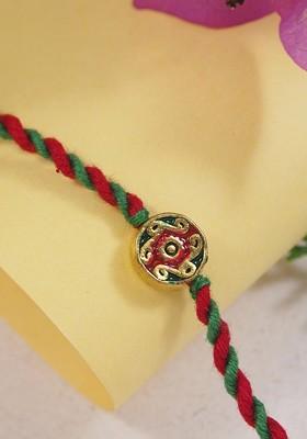 Floral Beaded Thread Rakhi With Roli Chawal And Rakshabandhan Card