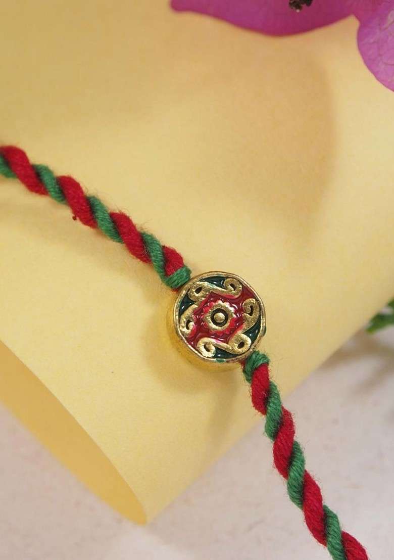 Floral Beaded Thread Rakhi With Roli Chawal And Rakshabandhan Card - Indya