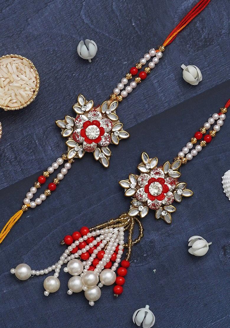 Unisex Set Of 2 Stone Studded Floral Bhaiya Bhabhi Rakhi Set