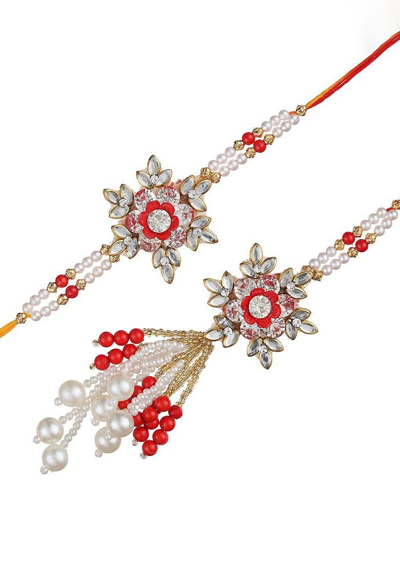 Unisex Set Of 2 Stone Studded Floral Bhaiya Bhabhi Rakhi Set