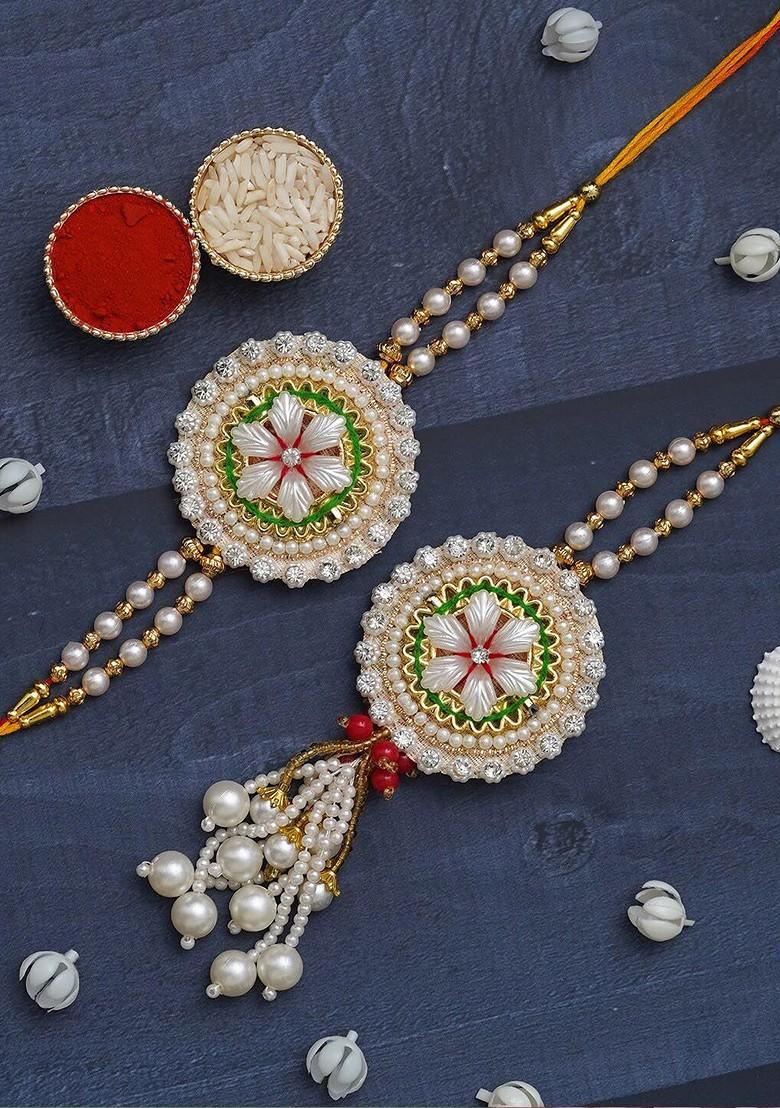 Unisex Set Of 2 Stone Studded Floral Bhaiya Bhabhi Rakhi Set