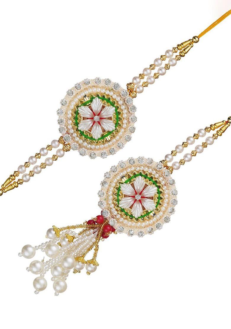 Unisex Set Of 2 Stone Studded Floral Bhaiya Bhabhi Rakhi Set