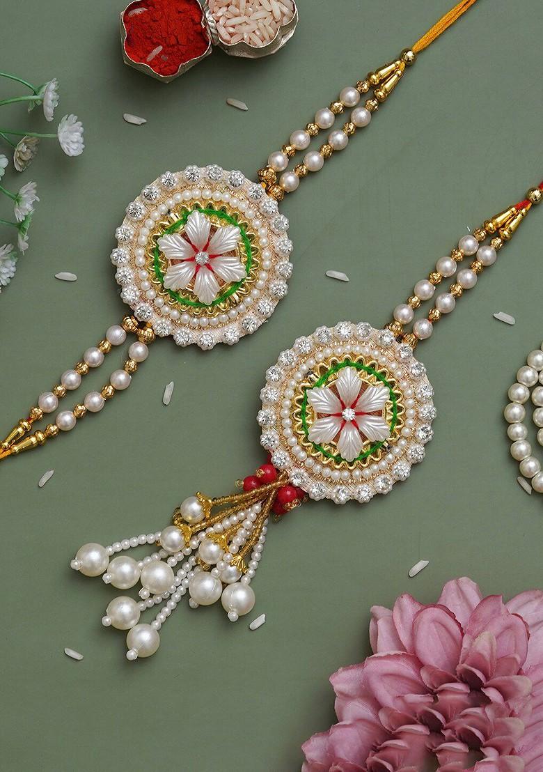 Unisex Set Of 2 Stone Studded Floral Bhaiya Bhabhi Rakhi Set