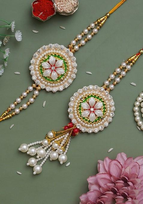 Unisex Set Of 2 Stone Studded Floral Bhaiya Bhabhi Rakhi Set