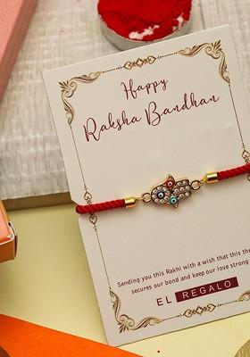 Men Evil Eye And Hamsa Hand Thread Rakhi With Roli Chawal And Greeting Card