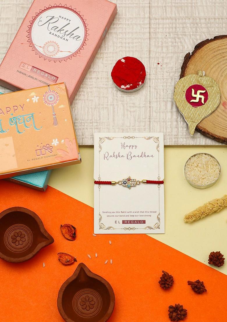 Men Evil Eye And Hamsa Hand Thread Rakhi With Roli Chawal And Greeting Card