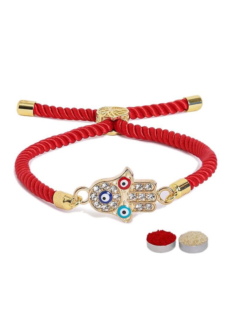 Men Evil Eye And Hamsa Hand Thread Rakhi With Roli Chawal And Greeting Card