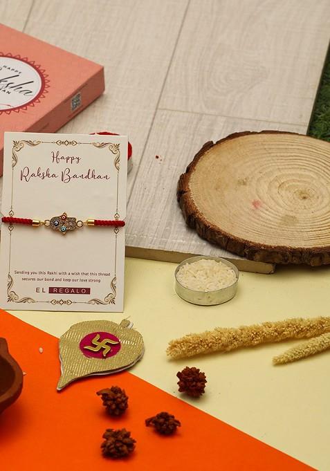 Men Evil Eye And Hamsa Hand Thread Rakhi With Roli Chawal And Greeting Card