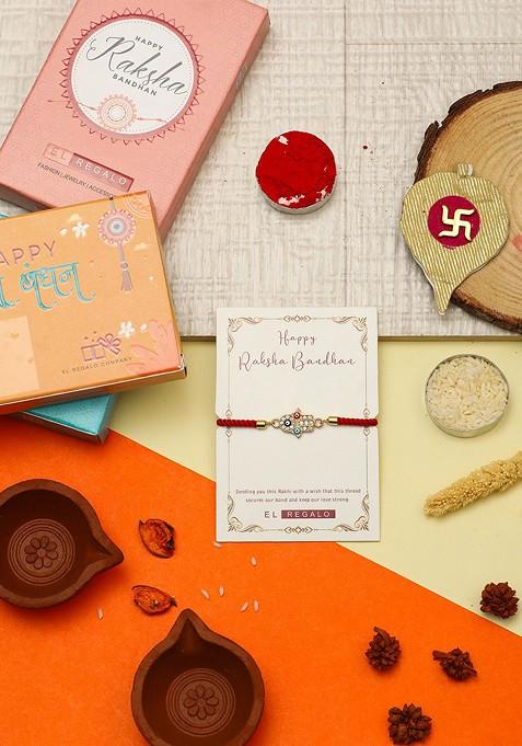 Men Evil Eye And Hamsa Hand Thread Rakhi With Roli Chawal And Greeting Card