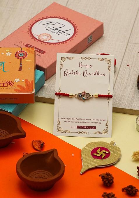 Men Evil Eye And Hamsa Hand Thread Rakhi With Roli Chawal And Greeting Card