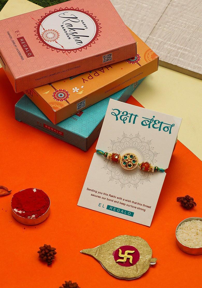 Stone Studded Design Thread Rakhi Set