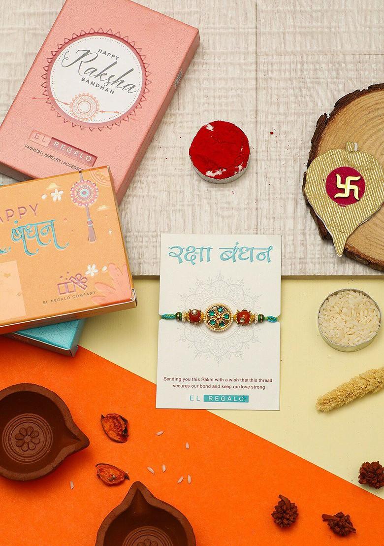Stone Studded Design Thread Rakhi Set