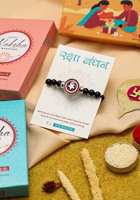 Men Beaded And Captain America Charm Rakhi With Roli Chawal And Greeting Card