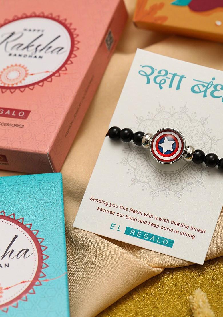 Men Beaded And Captain America Charm Rakhi With Roli Chawal And Greeting Card - Indya