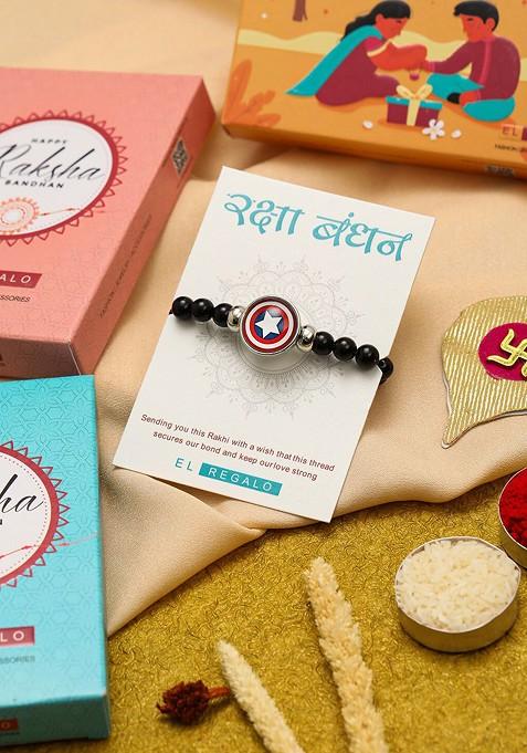 Men Beaded And Captain America Charm Rakhi With Roli Chawal And Greeting Card